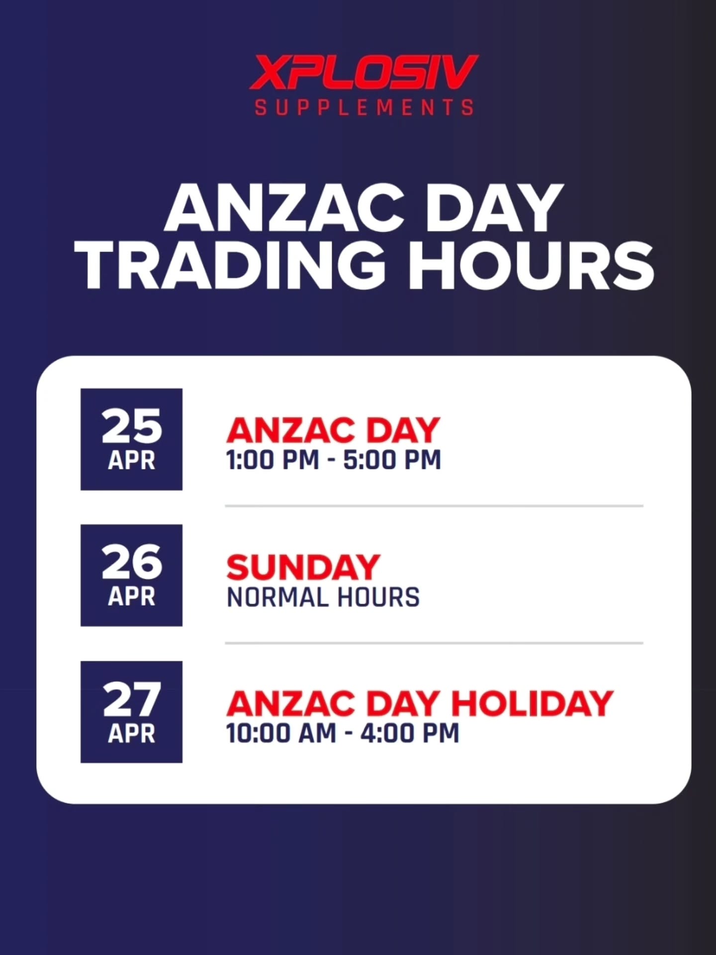 ANZAC DAY TRADING HOURS

Heads up team! Check out our trading hours from the 25t