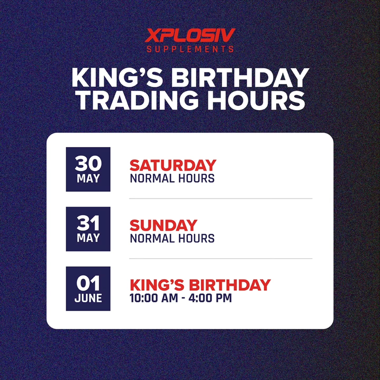 Kings Birthday weekend hours